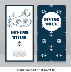 cards for diving tour with vintage submarine, can be used as invitation to diving camp, retro style  vector illustration