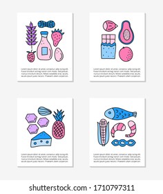Cards with doodle colored food allergens icons including fish, seafoods, cheese, milk, wheat, eggs, citrus, honey, chocolate, fruits. Space for text.