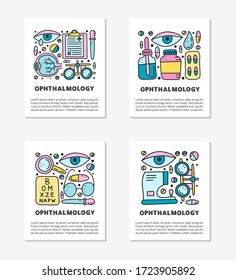 Cards with doodle colored ophthalmology icons including runny eye, pipette bottle, cornea, blank clipboard, lens case, glasses, autorefractometer, etc isolated on grey background.