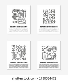 Cards with doodle outline genetic engineering icons including dna, microscope, syringe, blank clipboard, molecule, plant in test tube, puzzle, book, tablet and text.