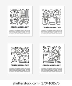 Cards with doodle outline ophthalmology icons including runny eye, pipette bottle, cornea, blank clipboard, lens case, glasses, autorefractometer, etc isolated on grey background.