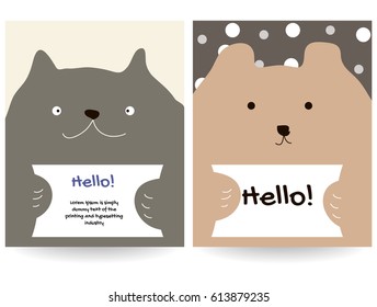 Cards of doodle vector illustration of bear and cat