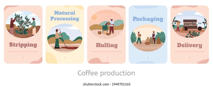 Cards with farmers processing coffee isolated flat vector illustration.