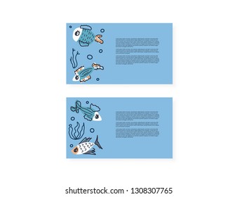 Cards with fish collection isolated. Cute aquarium fish characters in doodle style. Vector color illustration.