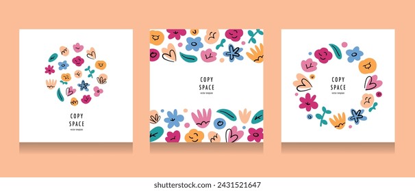 Tarjetas con composiciones florales, arreglos florales con espacio de copia, conjunto de plantillas con diseño gráfico, ilustraciones vectoriales de rosas, lirios, corazones, bueno para póster, invitaciones o postales