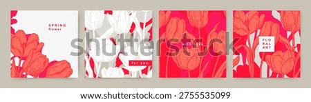 Cards with a floral pattern of red tulips. Trendy vector design for banner, advertising, card, wall poster, flyer, wedding invitation, print, cover, wallpaper, packaging, social media	