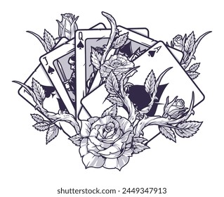 Cards with flowers monochrome logotype playing cards from casinos and mysterious roses for design product packaging for gamers vector illustration