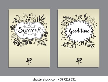 Cards with a frame of flowers and plant elements. Greeting card. Wedding. Vector.