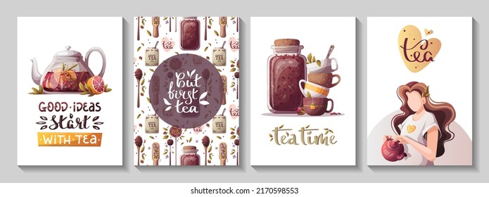 Cards with fruit tea, teacups, jar woman. Handwritten quotes. Tea shop, cafe-bar menu, tea lover concept. Vector illustration.