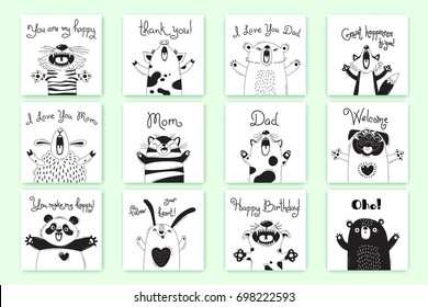 Cartões com animais engraçados e exclamações. Tiger Pig Bear Fox Sheep Cat Pug Panda Coelho para o design de festas infantis, quartos, adesivos, cartazes, t-shirts. Ilustração vetorial