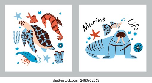 Cards with funny cartoon hand draw sea animals. Vector poster with underwater life. Childish wallpaper, wrapping paper, postcard, t-shirt print.