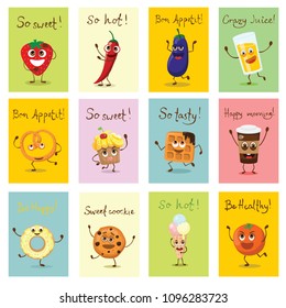 Cards with funny food characters with emotions, vector illustrations.