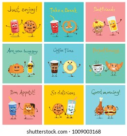 Cards with funny food characters vector illustrations- can of soda and lemonade, hamburger and french fries, taco, donut and cup of tea with emotions