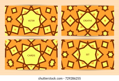 Cards with geometric, ethnic design. Bright colorful templates set. Vector backgrounds for restaurant menu, flyer, business card, brochure, banner, placard etc.