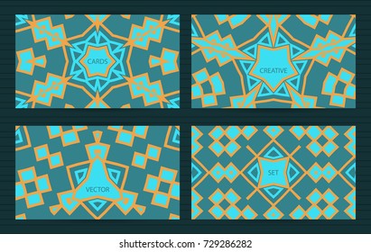 Cards with geometric, ethnic design. Bright colorful templates set. Vector backgrounds for restaurant menu, flyer, business card, brochure, banner, placard etc.