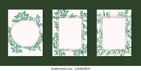 cards with geometric frame and laurel leafs