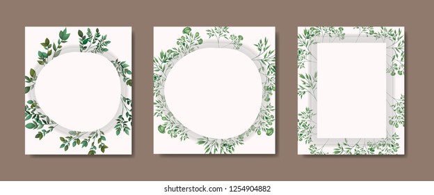 cards with geometric frame and laurel leafs