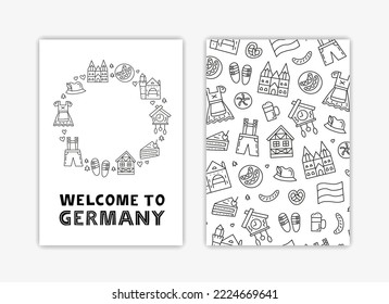 Cards with German national landmarks and attractions in doodle style isolated on grey background. Bavarian tourism concept.