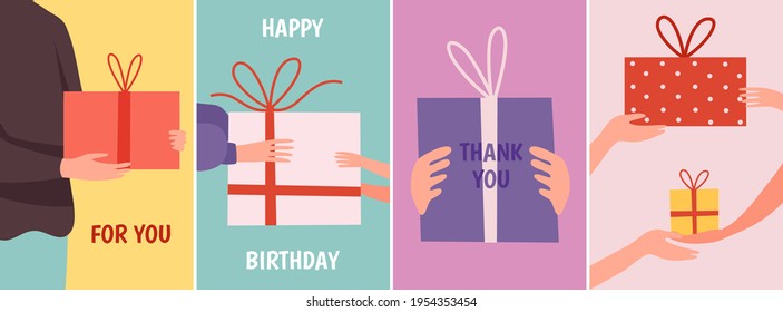 Cards with gift. Hands holding present boxes, thank you happy birthday vector banners
