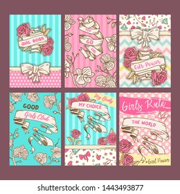 Cards with girl power slogan vector illustartion. Floral poster with feminist quote Girl Boss Vector graphic design with pink roses