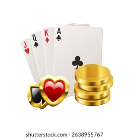 Cards, gold coins and card suit icons. Vector 3d illustration isolated on white background