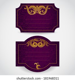 Cards with golden curls. Vintage set of east style backgrounds of scroll work. Place for text. Template frame design for labels, invitation, greeting cards. Golden border. Element for design.