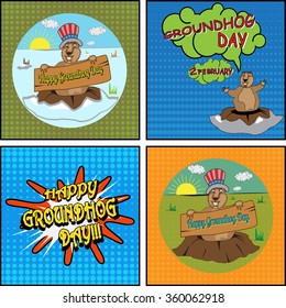 Cards for Groundhog Day. Congratulations to the end of winter and beginning of spring. Comics set.  Vector illustration.