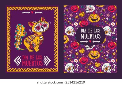 Cartões para o dia das bruxas ou dia da festa morta com gato assustador doodle bonito, ilustração vetorial