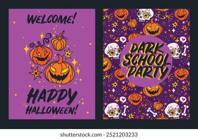 Cards for Halloween party with cute pumpkin heads, vector illustration