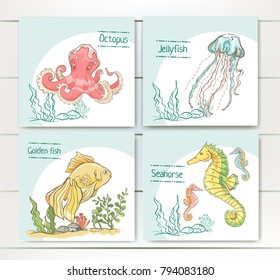 Cards with hand drawn jellyfish,octopus,golden fish and  seahorse. Illustration for children book