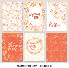 Cards with hand drawn plants. Set of floral cards and seamless patterns. Frames with lettering: You are loved, Made with love, Hello, Dream big