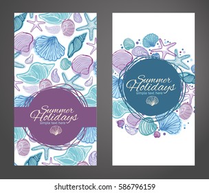 Cards with hand drawn seashells. Layout design for postcard, decorative banner. Vector illustration