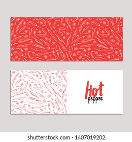 Cards with hand drawn sketch style red chili peppers. Red hot chili pepper label. Color illustration. 