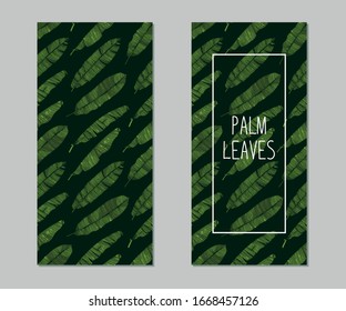 Cards with hand drawn sketch style banana leaves. Tropical label with palm leaves on dark green background. Color illustration.