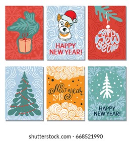 Cards Happy New Year with a Christmas tree, gift box, Christmas ball, decoration. Vector illustration