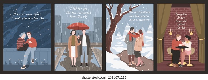 Cards with happy romantic couples. Cute people in love relationship, valentines day posters, young men and women hugging, winter and autumn. Cartoon flat isolated tidy vector set