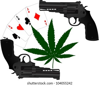 cards, hemp and two pistols. vector illustration