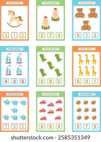 Cards with how many objects task. Counting educational children game. Math activity sheet for kids. Count toys and choose the correct answer. Vector illustration. 