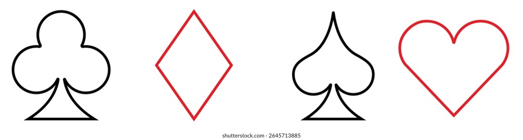 Conjunto de vetores de ícone de cartões. Coleção de sinais de ilustração de pôquer. Símbolo do Casino. Ícones da Web do Suit.