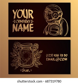 Cards with the image of an astronaut woman and a glass jar with the sun inside. Templates for creating business cards, posters, advertising pages.
