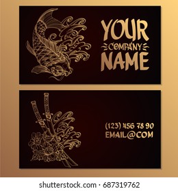 Cards with the image of carp koi and samurai sword. Templates for creating business cards, posters, advertising pages.
