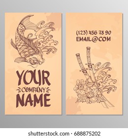 Cards with the image of carp koi and samurai sword. Templates for creating business cards, posters, advertising pages.