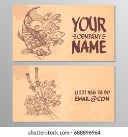 Cards with the image of carp koi and samurai sword. Templates for creating business cards, posters, advertising pages.