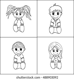 Cards with the image of children. Doodle. Sketch. Black and white version.Cartoon characters. Page for coloring book. Vector illustration