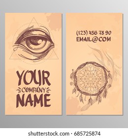 Cards with the image of the eye and the catcher of dreams. Templates for creating business cards, posters, advertising pages.