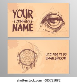 Cards with the image of the eye and the catcher of dreams. Templates for creating business cards, posters, advertising pages.