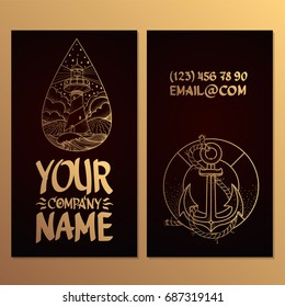 Cards with the image of the Lighthouse and the rescue ring. Templates for creating business cards, posters, advertising pages.