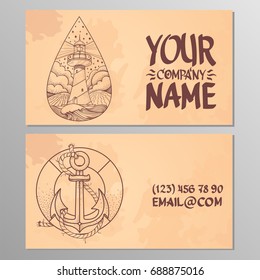 Cards with the image of the Lighthouse and the rescue ring. Templates for creating business cards, posters, advertising pages.