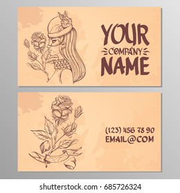 Cards with the image of a woman and a rose. Templates for creating business cards, posters, advertising pages.