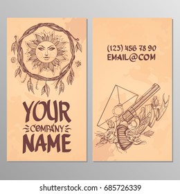 Cards with the image of a wreath made of twigs, a sun and a pistol. Templates for creating business cards, posters, advertising pages.